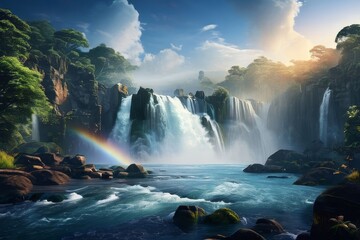 Fototapeta premium Tropical landscape. Beautiful hidden waterfall in rainfores AI Generative