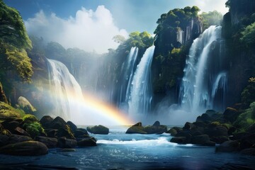 Fototapeta premium Tropical landscape. Beautiful hidden waterfall in rainfores AI Generative