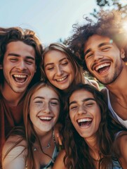 Fototapeta premium Youthful friends in a close group selfie - Energetic and happy young people sharing smiles and togetherness in a gleeful selfie