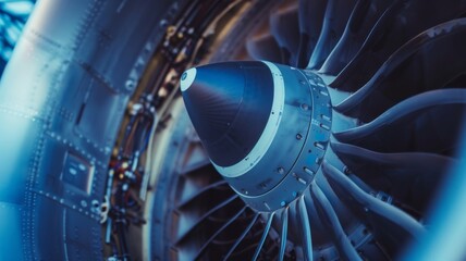 Modern jet engine turbine detail with blue backlight - Expertly capturing the essence of modern aviation, this image details a jet engine turbine with a striking blue backlight - obrazy, fototapety, plakaty