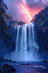 Tropical landscape. Beautiful hidden waterfall in rainfores AI Generative
