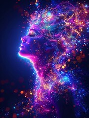 Ethereal Woman with Cosmic Neon Swirls - Ethereal digital illustration of a woman's silhouette with cosmic neon swirls and particles surrounding her