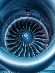 Jet engine turbine front view industrial blue - Front view of a large jet engine turbine in industrial blue tones, evoking a sense of robust technology
