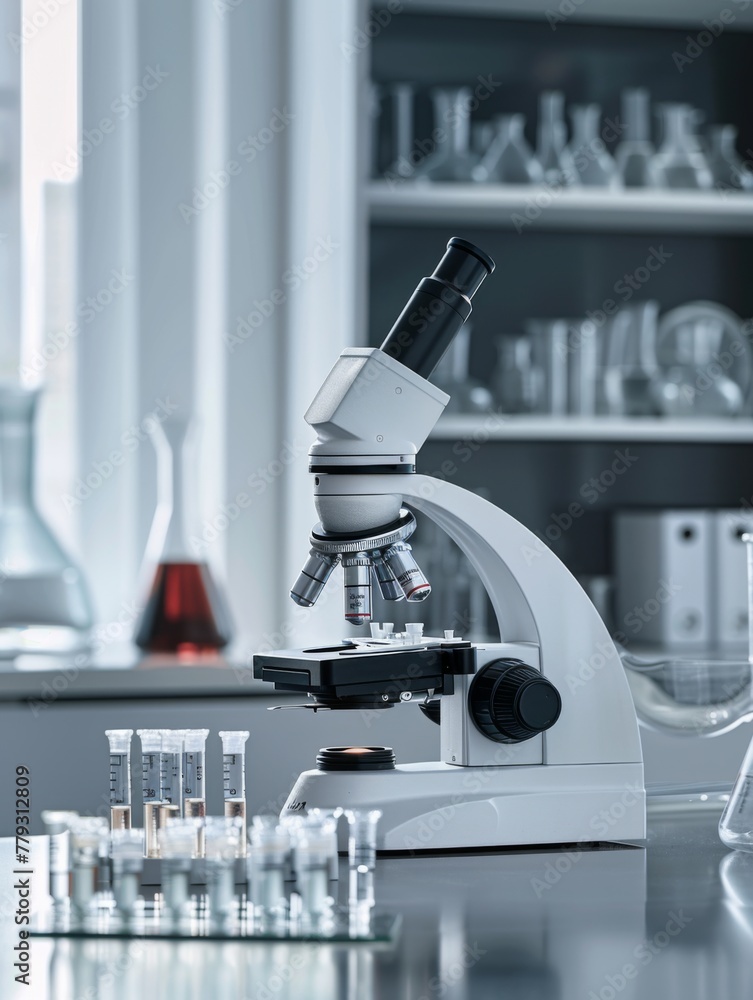 Poster sleek microscope in a high-tech science lab - modern and sleek design of a microscope with science l