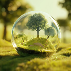 3D rendering of Earth globe with green trees inside a glass sphere. World Health Day concept