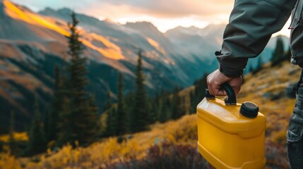 A closeup shot of a hand holding a container filled with biodiesel with a backdrop of mountainous terrain in the background. The caption reads The backcountry community embraces ecofriendly . - obrazy, fototapety, plakaty