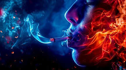 A man is smoking and smoke is escaping from his mouth. It is World No Smoking Day today.
 - obrazy, fototapety, plakaty