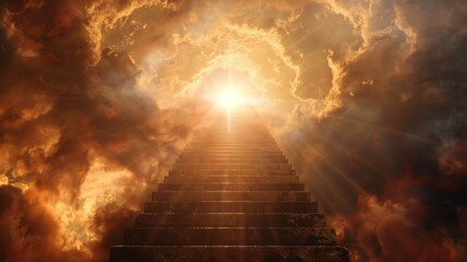 Stairway to heaven concept, dramatic cloudscape - Staircase ascending to a bright sky, conveying a metaphorical journey to afterlife or a spiritual quest - obrazy, fototapety, plakaty