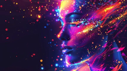 Colorful Portrait of Woman with Neon Flares - Stunning digital artwork of a woman's profile with neon colors and dynamic light effects highlighting her features