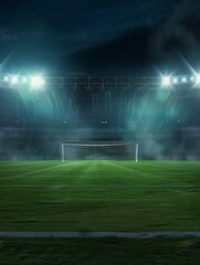 Illuminated empty football field at night - Striking view of an empty football field with the goalpost lit dramatically by stadium lights
