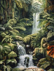 Fototapeta premium Vintage painted waterfall in a tropical rainforest - The artwork captures a majestic waterfall flowing through a dense tropical rainforest in a vintage painting style