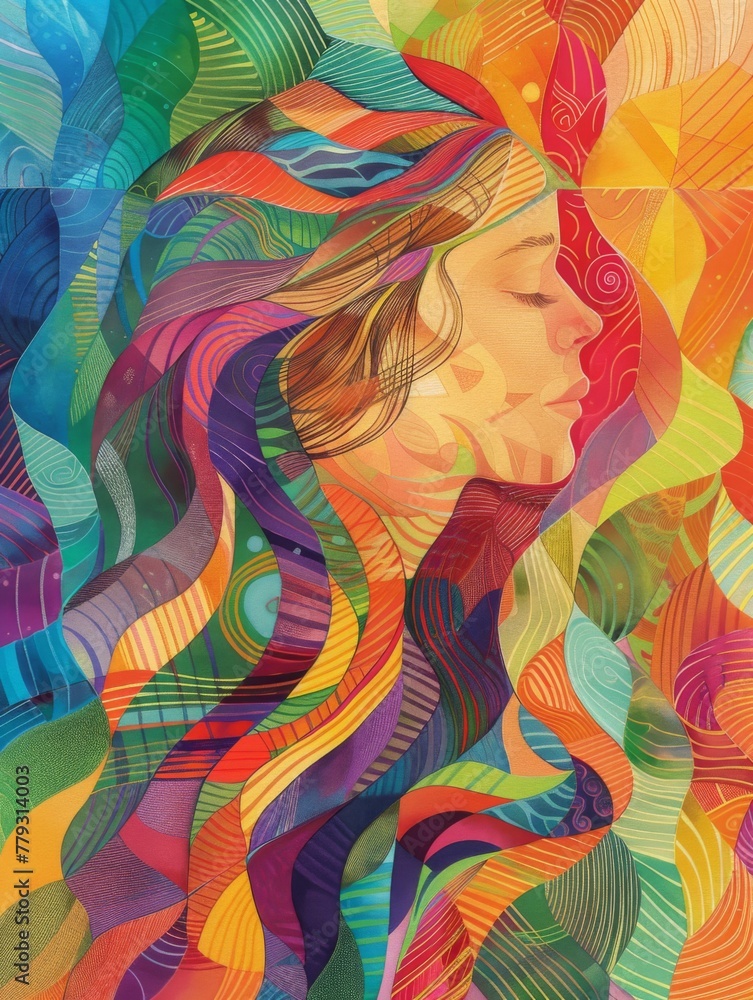 Poster abstract colorful pattern with hidden face - vibrant abstract art with flowing patterns and a multit