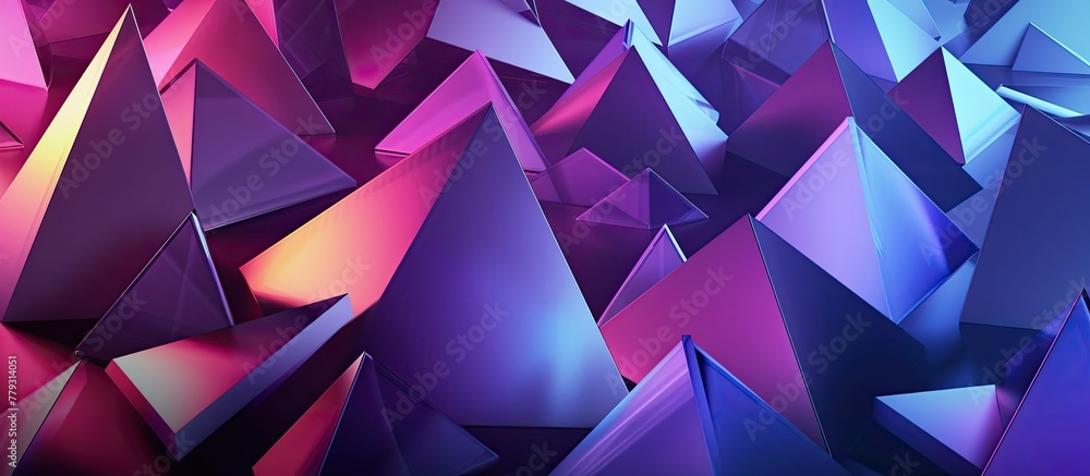 Poster Various triangles suspended in the air against a vibrant purple backdrop, creating a symphony of shapes in shades of magenta, pink, and electric blue. A creative arts display of geometric art