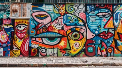 Colorful urban street art graffiti on wall - Vibrant graffiti street art covers a city wall with bold colors and expressive abstract designs