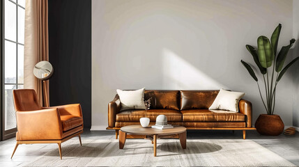 Bright-toned living room wall mockup featuring a leather sofa and armchair - obrazy, fototapety, plakaty