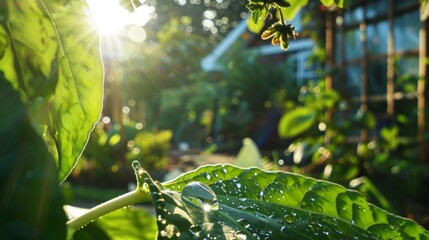 a single water droplet on a big leaf in an eco-garden in sunlight