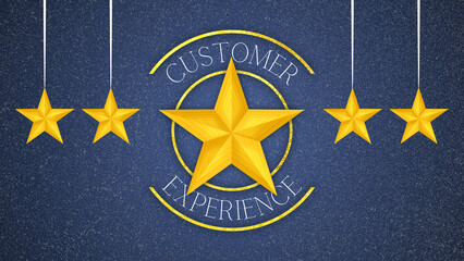 Customer Experience Concept. A blue background with five gold stars hanging down.