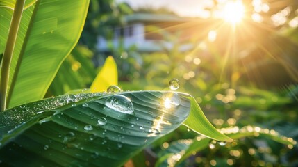 a single water droplet on a big leaf in an eco-garden in sunlight
