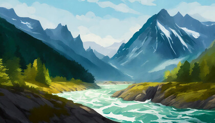 Mountain river valley. Digital painting concept art. - obrazy, fototapety, plakaty