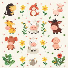 Seamless pattern of adorable cartoon farm animals interspersed with vibrant flowers on a light background.