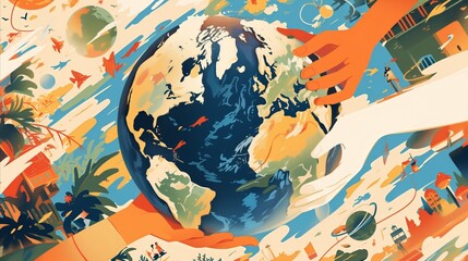 abstract illustration of the earth held by many hands, depicting world earth days