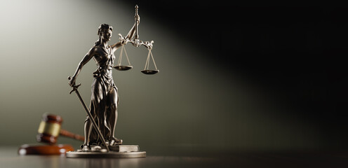 Legal Concept: Themis is the goddess of justice and the judge's gavel hammer as a symbol of law and order - 779314695