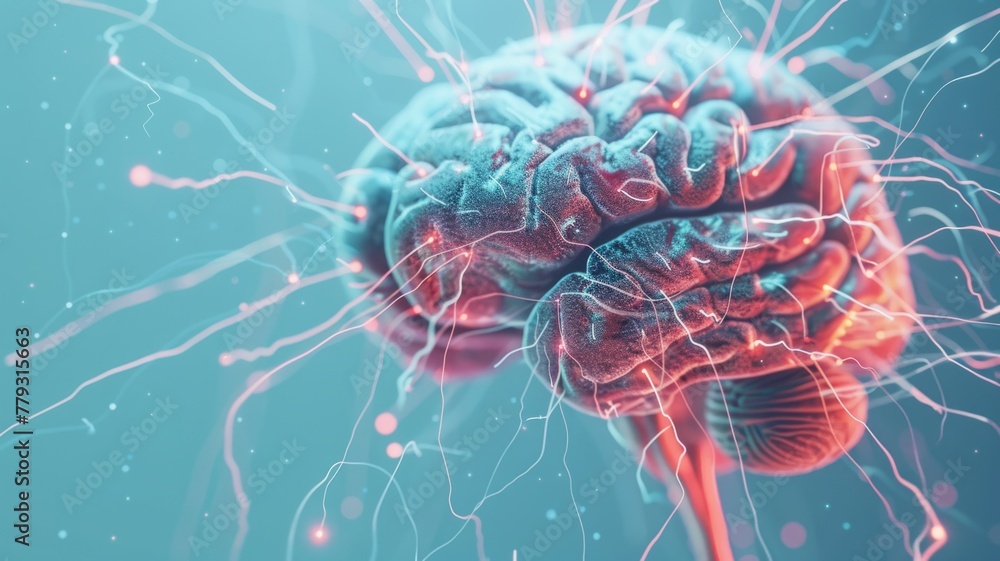 Poster neural network concept of human brain - a detailed image showing a human brain with neural network a
