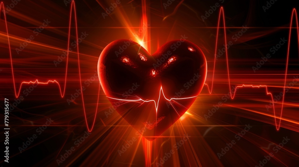 Poster glowing heart with ecg lines in abstract style - a digital art piece featuring a shining neon heart 