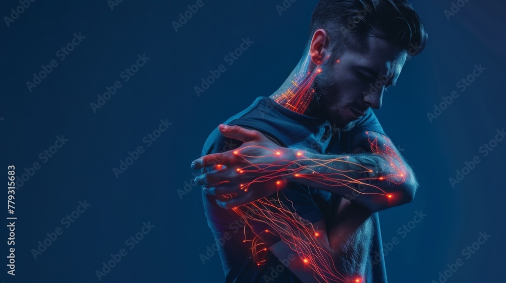 Poster man with digital neural network on body - a digital representation of neural networks overlaying a m