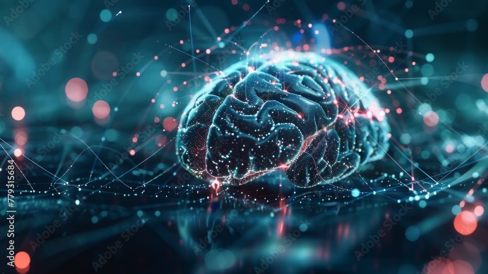 Poster digital brain network representation in blue hues - a digitalized human brain with surrounding netwo