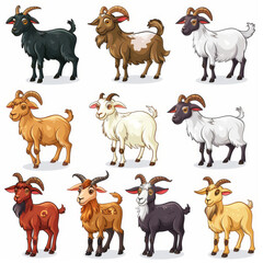 A set of diverse goat characters illustrated in different colors and postures.