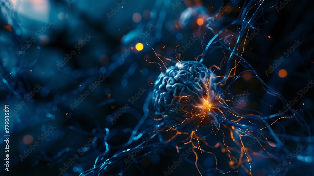 Poster neuroscientific concept with brain and synapses - a striking graphic visual of a brain with electric