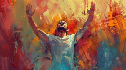 Individual in midst of colorful brushstrokes - A person with arms outstretched in a sea of abstract, colorful brushstrokes, expressing elation and artistic flair - obrazy, fototapety, plakaty