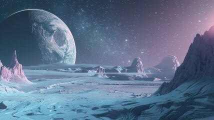 Frozen extraterrestrial world with distant earth - A serene digital artwork showcasing a frozen alien landscape with a prominently displayed Earth-like planet rising in the starlit sky, suggesting col - obrazy, fototapety, plakaty