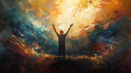 Person celebrating in a vibrant abstract art - A silhouette of a person with arms raised in jubilation against a backdrop of dynamic, abstract bursts of color This image conveys a sense of triumph and