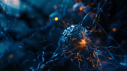 Neuroscientific concept with brain and synapses - A striking graphic visual of a brain with electric synapses highlighting neuroscientific concepts and brain activity - obrazy, fototapety, plakaty