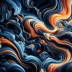 Abstract Vibrant Colorful Blue, Orange, and Black Abstract Wavy Patterned Liquid. The Veil of Wonder Vagueness. Responsive Echo Evening Tide. Unique Motion Sleep Apnea, Nocturnal Phoenix Nirvana West - obrazy, fototapety, plakaty