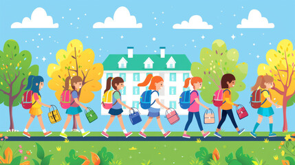 Obraz na płótnie Canvas Vibrant illustration depicting young schoolgirls with colorful backpacks on their way to school amidst a scenic backdrop.