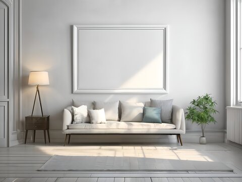 blank white picture frame living room interior with white sofa, lamp and plant.