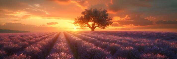 A field of lavender under a golden sunset, with a solitary oak tree casting a long shadow - obrazy, fototapety, plakaty