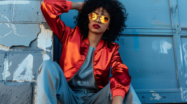 Vibrant and stylish a black woman exudes glamour in a satin bomber jacket and fitted joggers paired with metallic sneakers and bold oversized sunglasses. Her playful yet chic outfit .