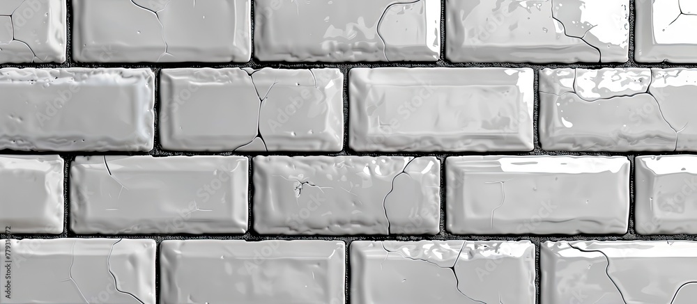 Poster a close up of a rectangular brickwork wall made of white tiles. the grey tiles create a symmetrical 