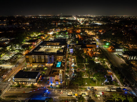 Aerial photograph of downtown Maitland, Florida, USA. April 5, 2024.  Jazz and Blues Festival. 