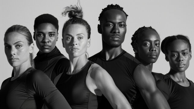 A group of diverse athletes all dressed in black strike a powerful pose against a white backdrop. The blackandwhite imagery highlights their diverse backgrounds and unique styles while .