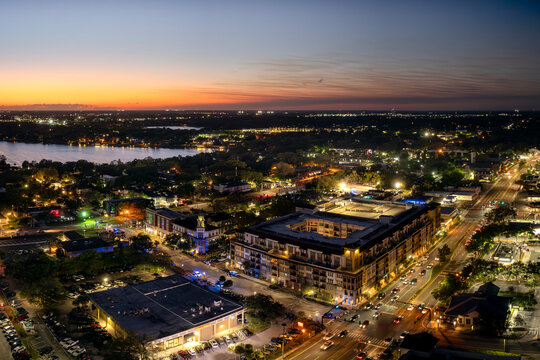 Aerial view of downtown Maitland, Florida, USA. April 5, 2024. Sunset during Jazz and Blues Festival.