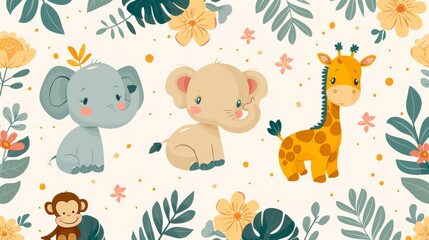 Charming illustration of baby jungle animals including an elephant, lion, giraffe, and monkey amidst a floral backdrop.