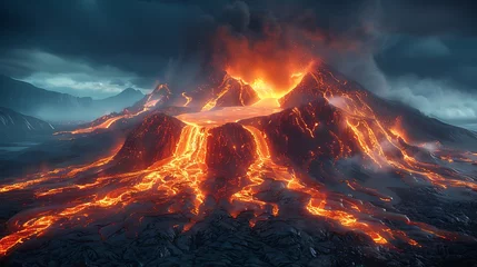 Tuinposter A fiery volcano erupting at night, with lava flowing down its slopes and ash filling the sky. © forall
