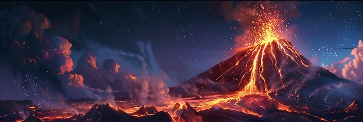 A fiery volcano erupting at night, with lava flowing down its slopes and ash filling the sky. - obrazy, fototapety, plakaty