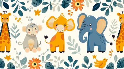 Obraz na płótnie Canvas Charming illustration of baby jungle animals including an elephant, lion, giraffe, and monkey amidst a floral backdrop.