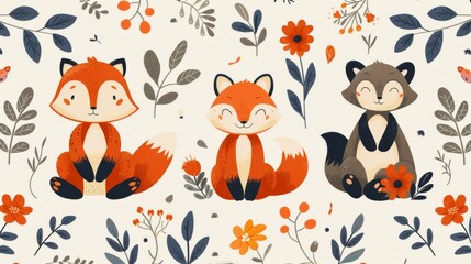 Illustration of adorable fox characters in various poses with autumn leaves and berries on a light background.